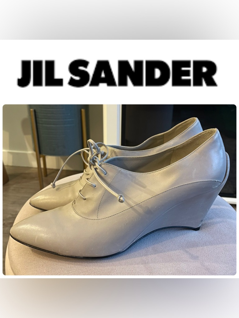 Jil Sander Neutral Beige (Sand) Leather Oxford Wedge Lace-Up Pumps